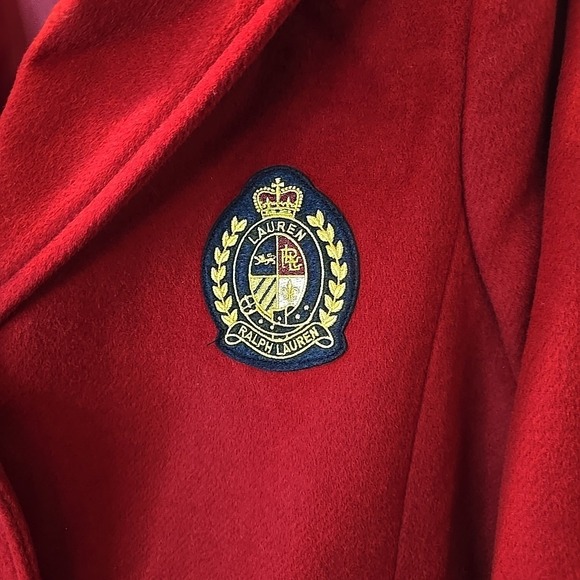 Lauren Ralph Lauren Long Red Wool Blend Button-Up Coat With Crest Patch Size 12 - Picture 3 of 16